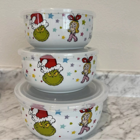 Dr Seuss Grinch Who Stole Christmas Ceramic Food Storage Containers Vented Lids - Picture 1 of 7